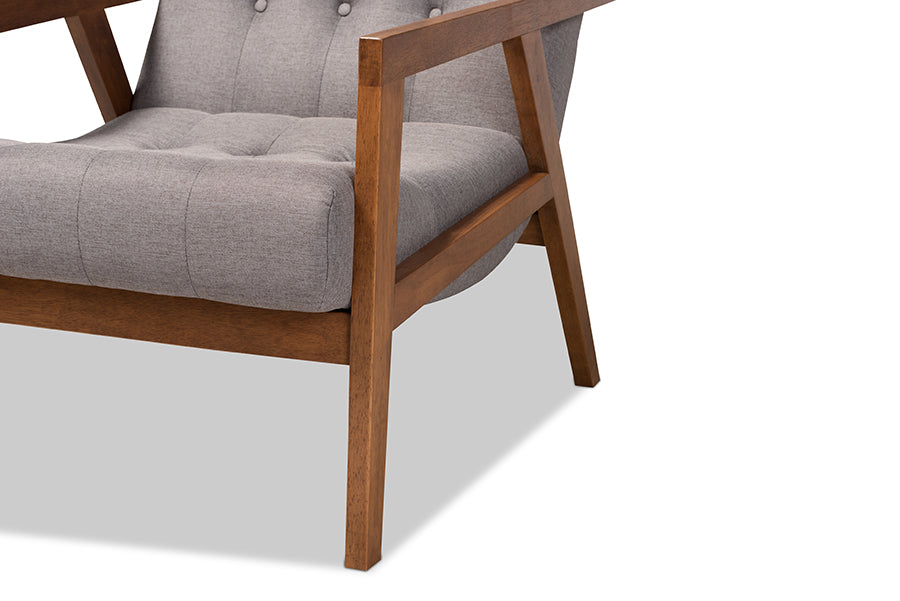 Baxton Studio Naeva Mid-Century Modern Grey Fabric Upholstered Walnut Finished Wood Armchair