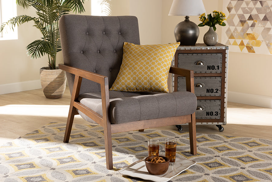 Baxton Studio Naeva Mid-Century Modern Grey Fabric Upholstered Walnut Finished Wood Armchair