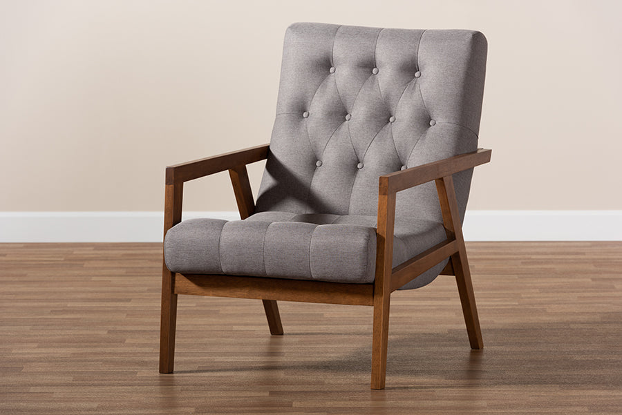 Baxton Studio Naeva Mid-Century Modern Grey Fabric Upholstered Walnut Finished Wood Armchair
