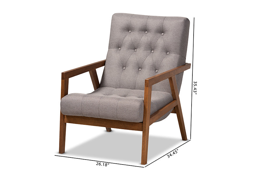 Baxton Studio Naeva Mid-Century Modern Grey Fabric Upholstered Walnut Finished Wood Armchair
