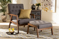 Baxton Studio Naeva Mid-Century Modern Grey Fabric Upholstered Walnut Finished Wood 2-Piece Armchair and Footstool Set