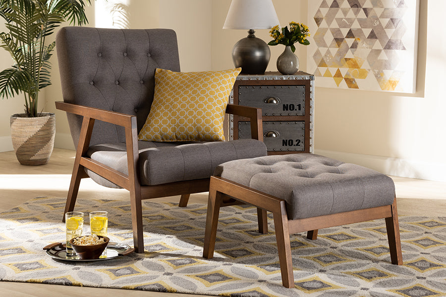 Baxton Studio Naeva Mid-Century Modern Grey Fabric Upholstered Walnut Finished Wood 2-Piece Armchair and Footstool Set