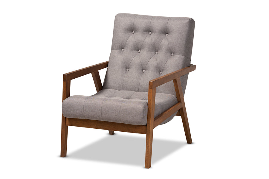 Baxton Studio Naeva Mid-Century Modern Grey Fabric Upholstered Walnut Finished Wood 2-Piece Armchair and Footstool Set