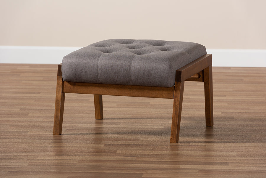 Baxton Studio Naeva Mid-Century Modern Grey Fabric Upholstered Walnut Finished Wood Footstool