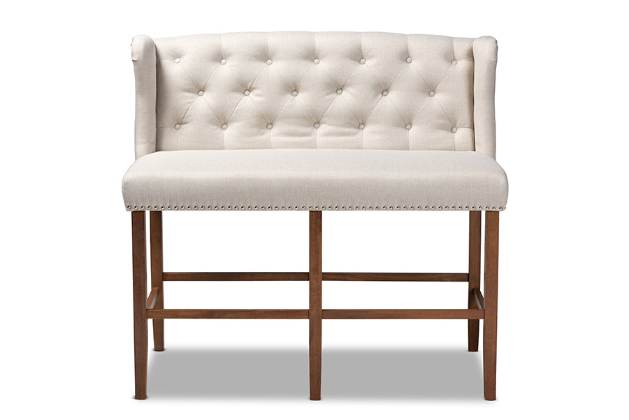 Baxton Studio Alira Modern and Contemporary Beige Fabric Upholstered Walnut Finished Wood Button Tufted Bar Stool Bench