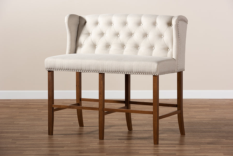 Baxton Studio Alira Modern and Contemporary Beige Fabric Upholstered Walnut Finished Wood Button Tufted Bar Stool Bench