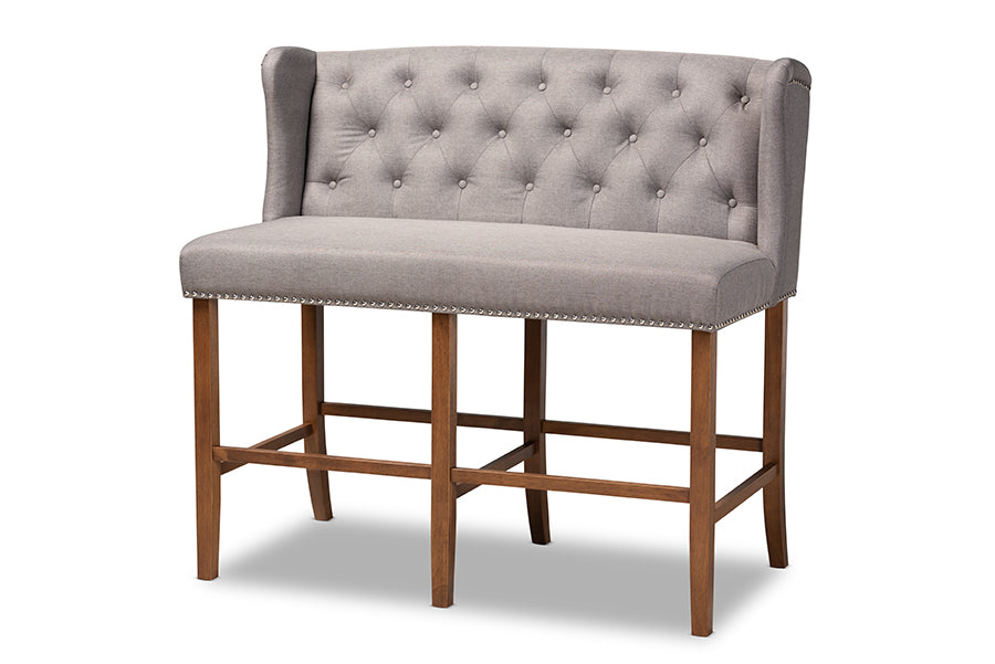 Baxton Studio Alira Modern and Contemporary Grey Fabric Upholstered Walnut Finished Wood Button Tufted Bar Stool Bench
