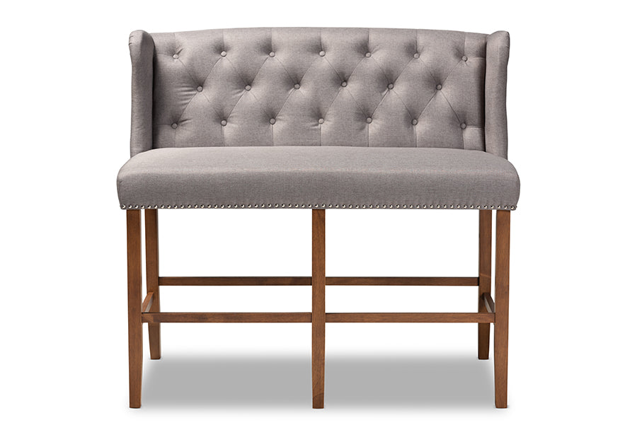 Baxton Studio Alira Modern and Contemporary Grey Fabric Upholstered Walnut Finished Wood Button Tufted Bar Stool Bench