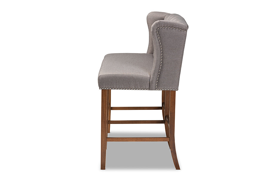 Baxton Studio Alira Modern and Contemporary Grey Fabric Upholstered Walnut Finished Wood Button Tufted Bar Stool Bench