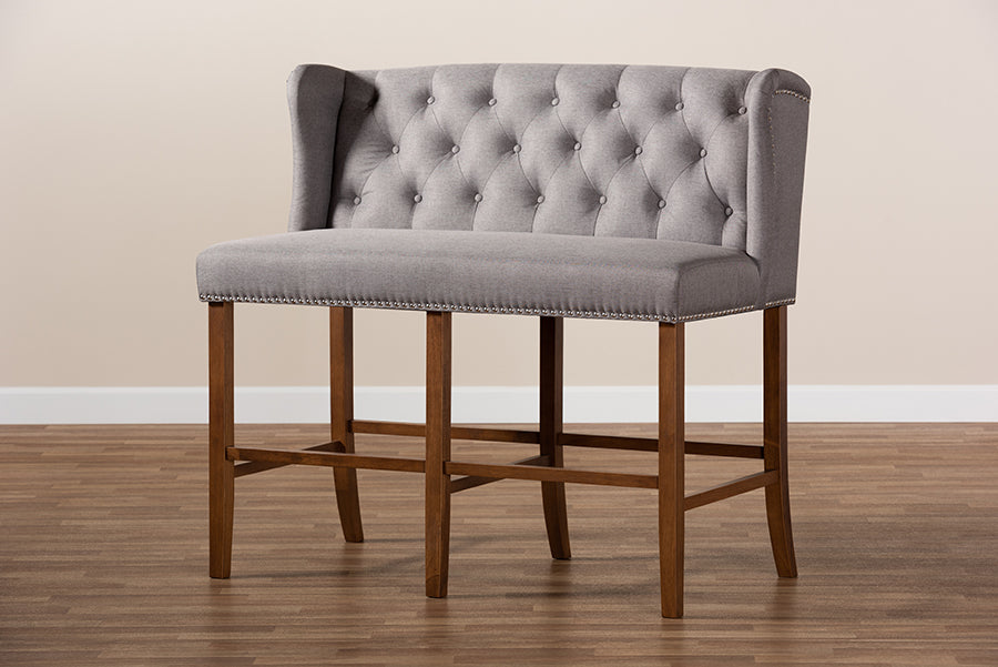 Baxton Studio Alira Modern and Contemporary Grey Fabric Upholstered Walnut Finished Wood Button Tufted Bar Stool Bench