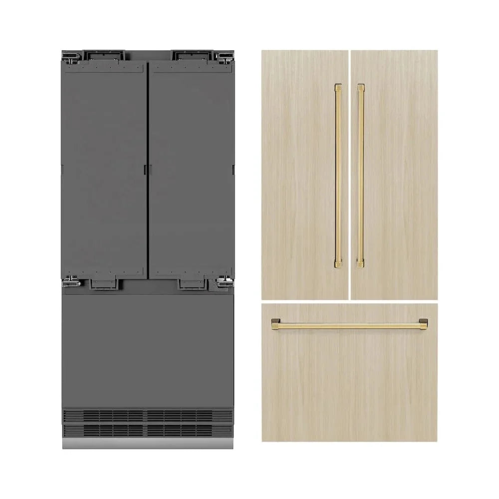 ZLINE 36" Panel Ready Built-In Bottom Freezer Refrigerator,Water Dispenser, Ice Maker,Graphite Gray, Gold GRBIVZ-36-G