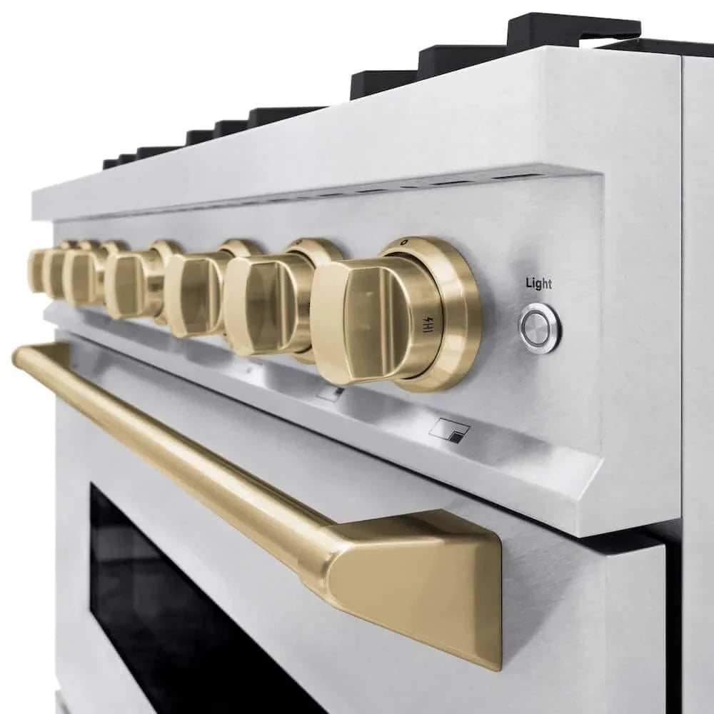 ZLINE 36" Dual Fuel Range, Gas Cooktop, Electric Convection Oven DuraSnow® Stainless Steel, Champagne Bronze CDRSZ-36-CB