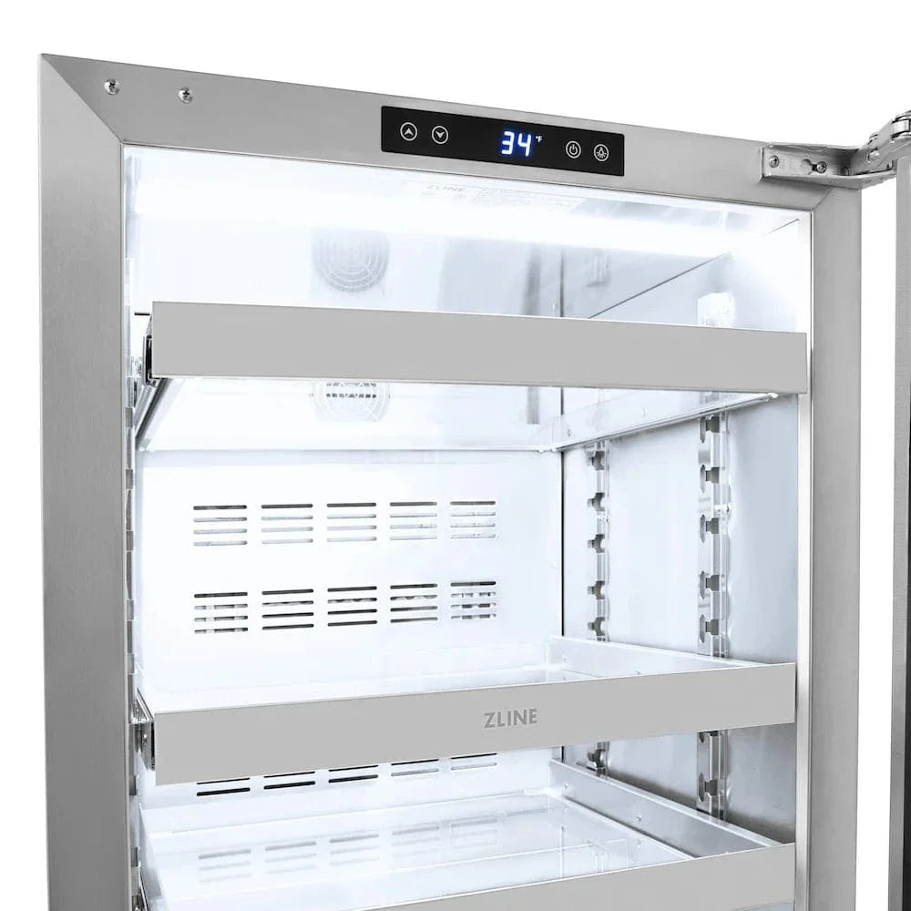 ZLINE 24" Touchstone 151 Can Beverage Fridge DuraSnow® Stainless Steel Glass Door Polished Gold Handle RBSOZ-SN-24-G