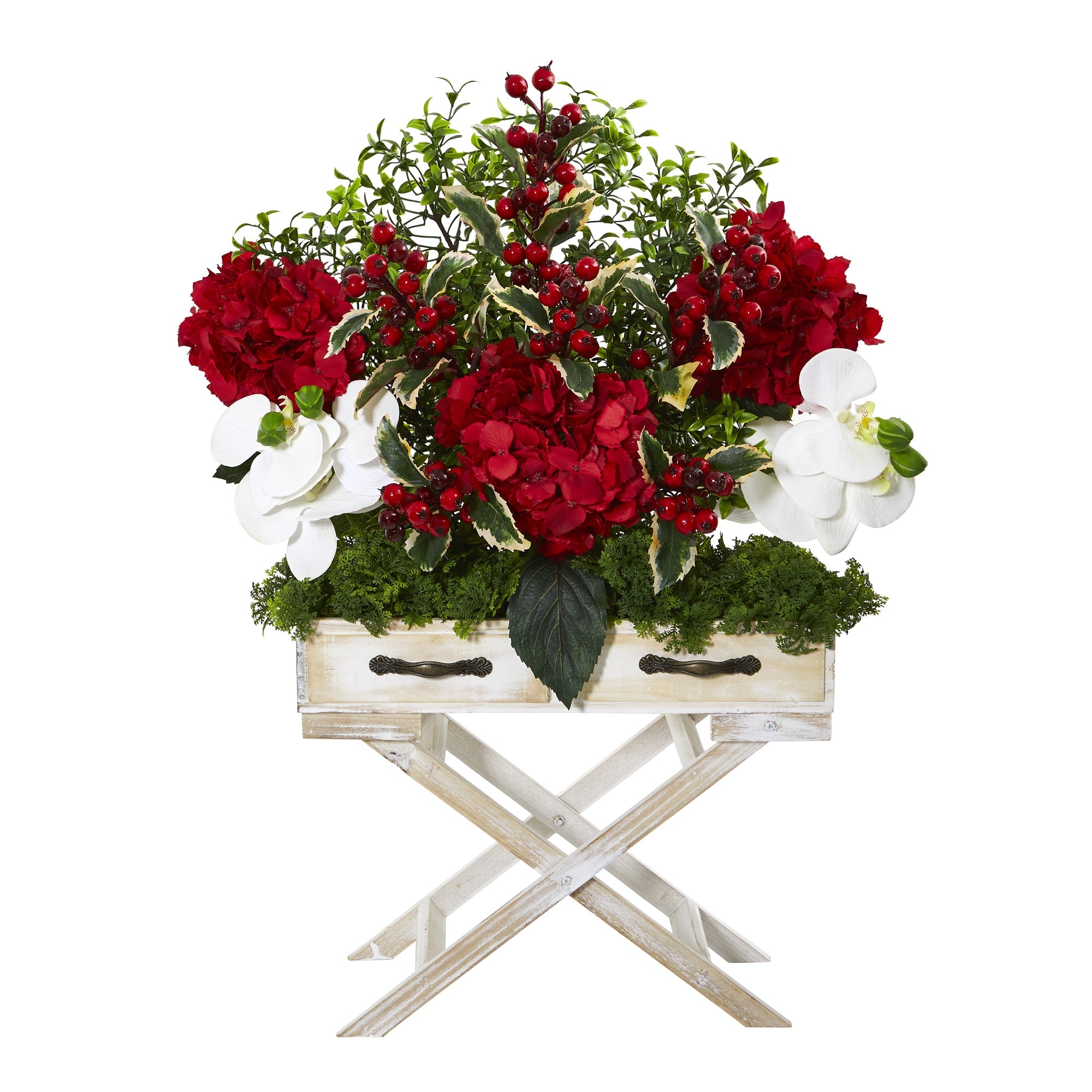 26" Hydrangea, Phalaenopsis Orchid and Holly Berry Artificial Arrangement in Drawer Planter