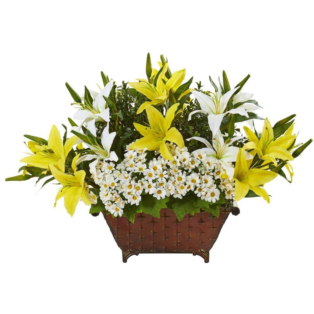20" Lilly and Daisy Artificial Arrangement in Metal Planter