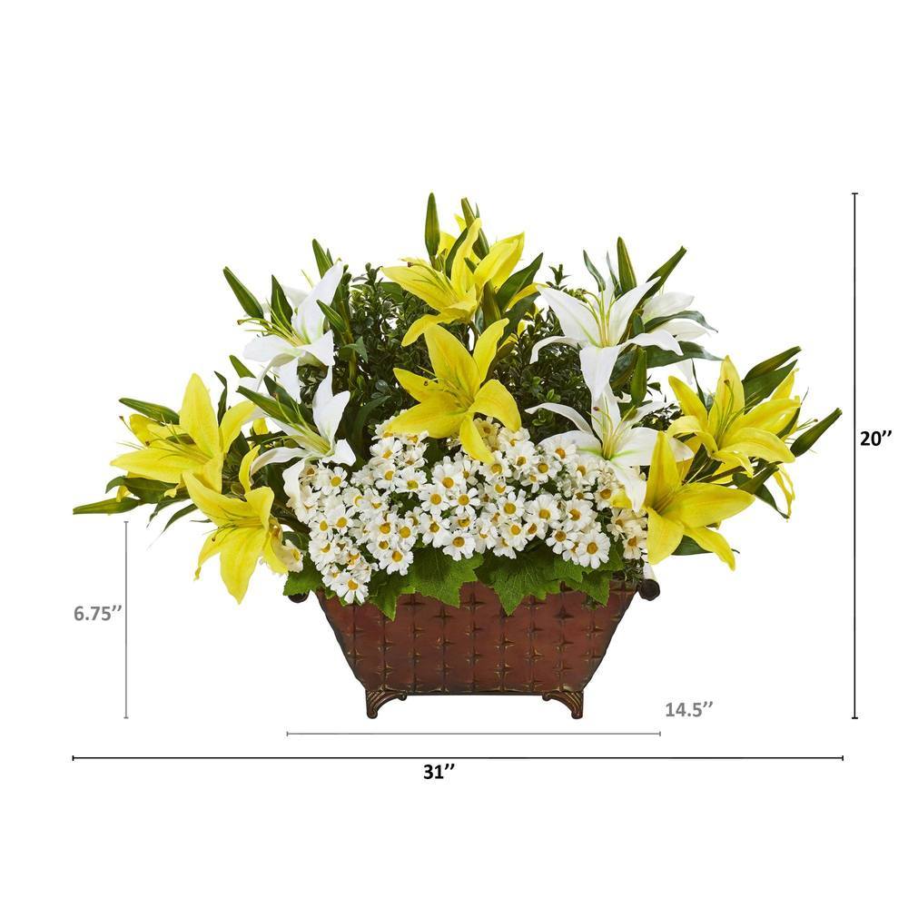 20" Lilly and Daisy Artificial Arrangement in Metal Planter