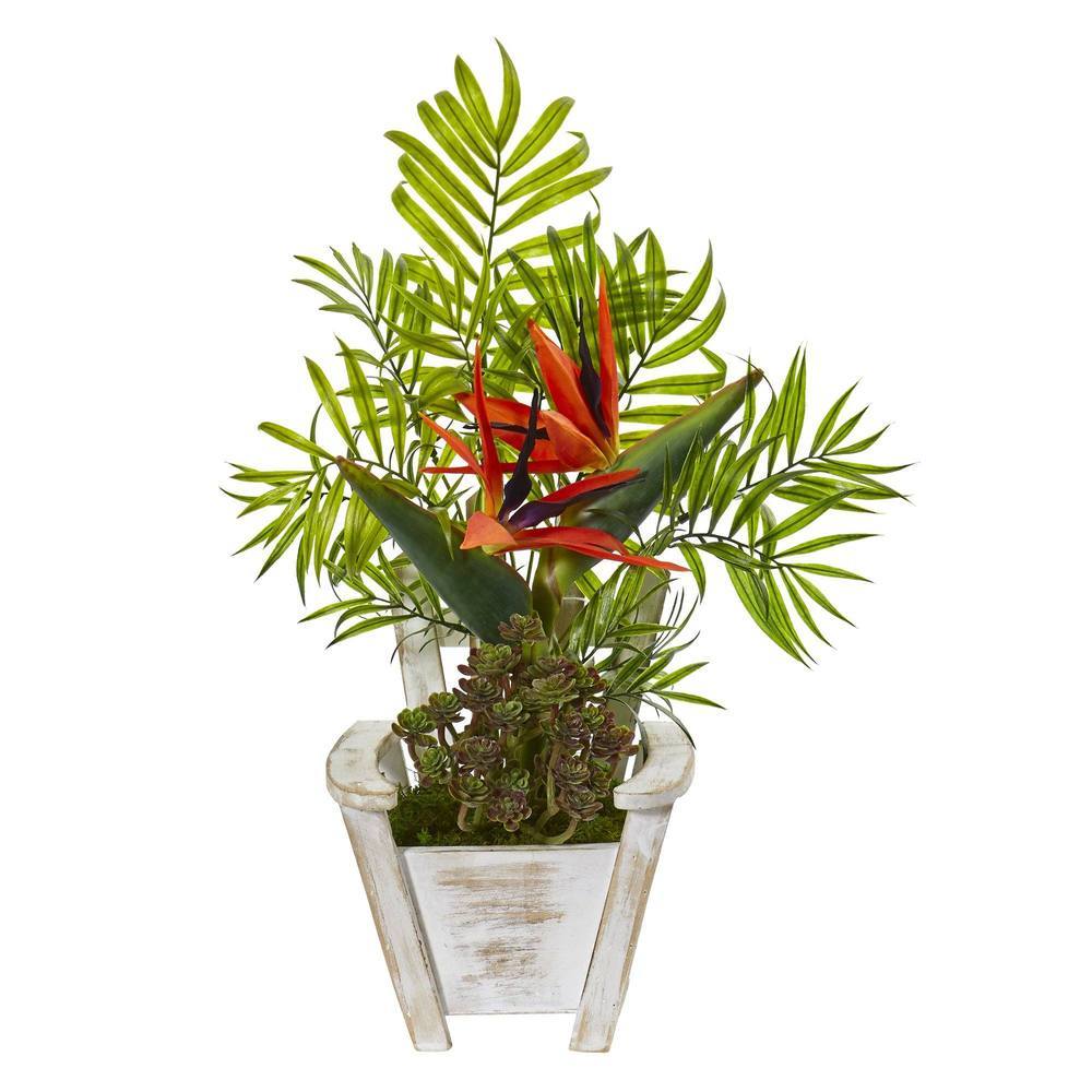 18" Bird of Paradise and Areca Palm Artificial Arrangement in Chair Planter