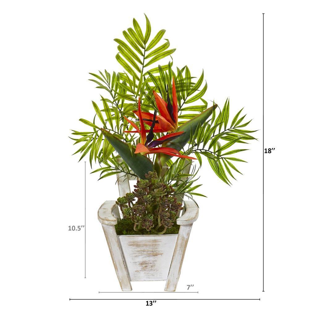 18" Bird of Paradise and Areca Palm Artificial Arrangement in Chair Planter