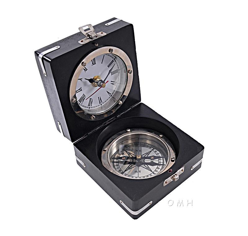 Brass Compass & Clock W/Wooden Case
