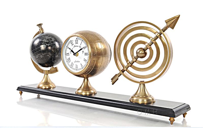 Armillery/Clock & Globe On Wood Base
