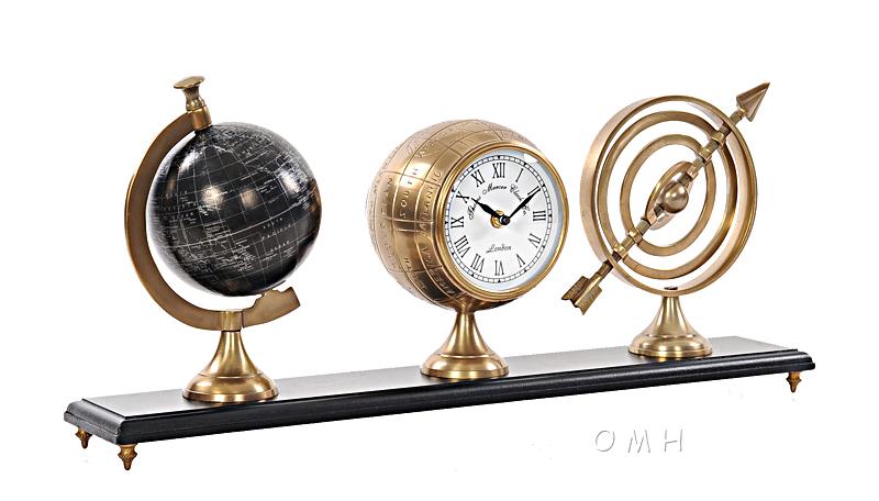 Armillery/Clock & Globe On Wood Base