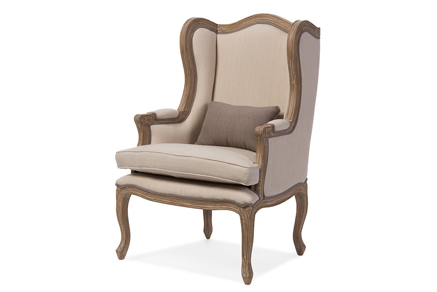 Baxton Studio Oreille French Provincial Style White Wash Distressed Two-tone Beige Upholstered Armchair
