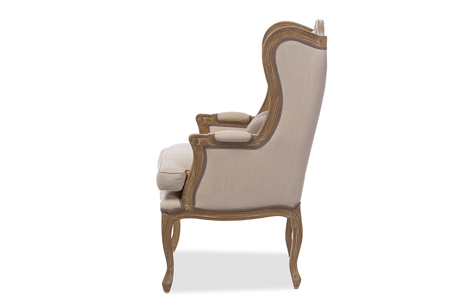 Baxton Studio Oreille French Provincial Style White Wash Distressed Two-tone Beige Upholstered Armchair