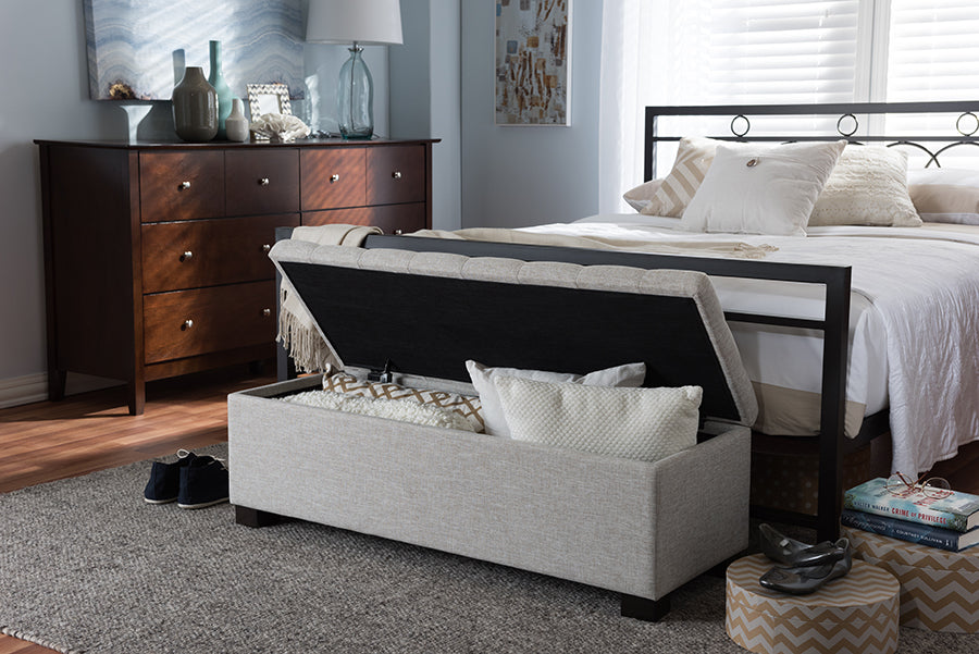 Baxton Studio Roanoke Modern and Contemporary Beige Fabric Upholstered Grid-Tufting Storage Ottoman Bench