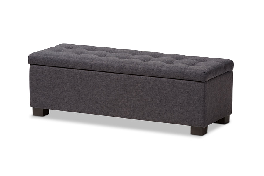 Baxton Studio Roanoke Modern and Contemporary Dark Grey Fabric Upholstered Grid-Tufting Storage Ottoman Bench