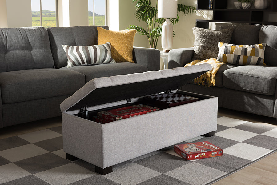Baxton Studio Roanoke Modern and Contemporary Grayish Beige Fabric Upholstered Grid-Tufting Storage Ottoman Bench