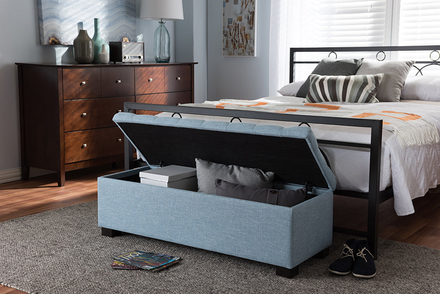 Baxton Studio Roanoke Modern and Contemporary Light Blue Fabric Upholstered Grid-Tufting Storage Ottoman Bench