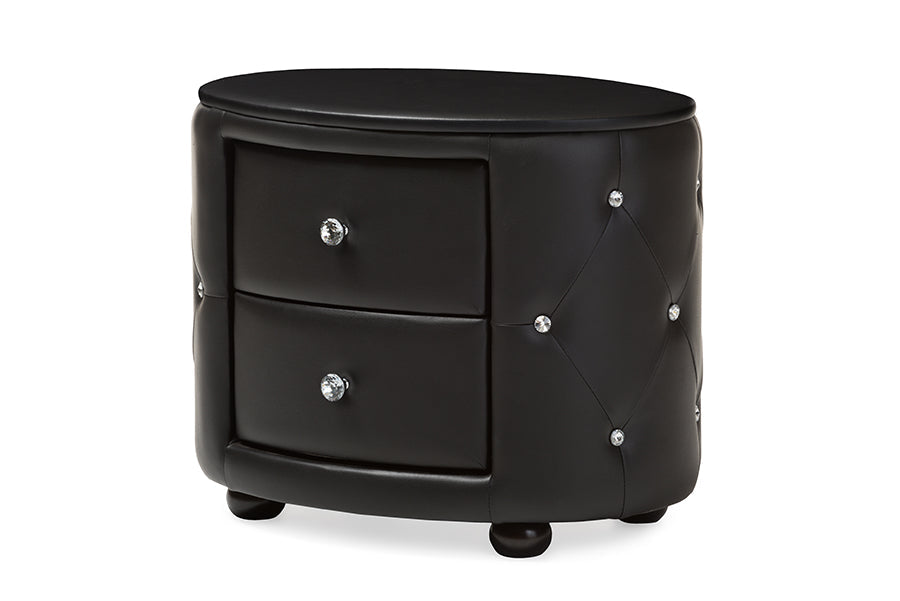 Baxton Studio Davina Hollywood Glamour Style Oval 2-drawer Black Faux Leather Upholstered Nightstand