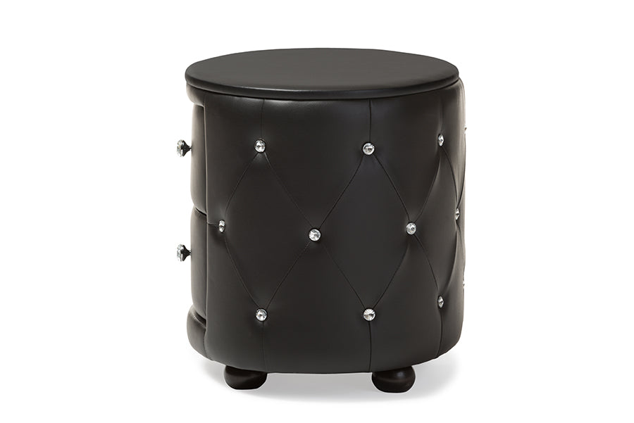 Baxton Studio Davina Hollywood Glamour Style Oval 2-drawer Black Faux Leather Upholstered Nightstand