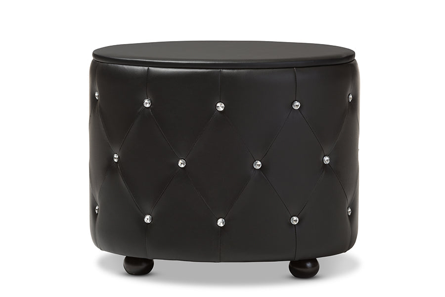 Baxton Studio Davina Hollywood Glamour Style Oval 2-drawer Black Faux Leather Upholstered Nightstand
