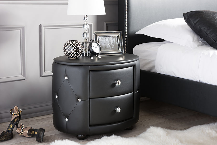 Baxton Studio Davina Hollywood Glamour Style Oval 2-drawer Black Faux Leather Upholstered Nightstand