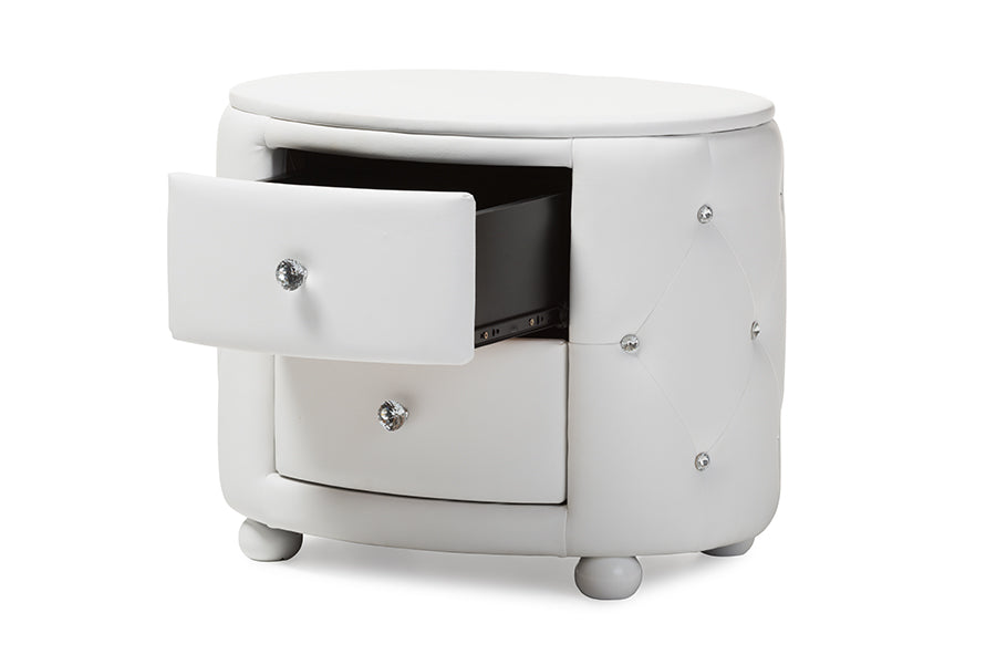 Baxton Studio Davina Hollywood Glamour Style Oval 2-drawer White Faux Leather Upholstered Nightstand