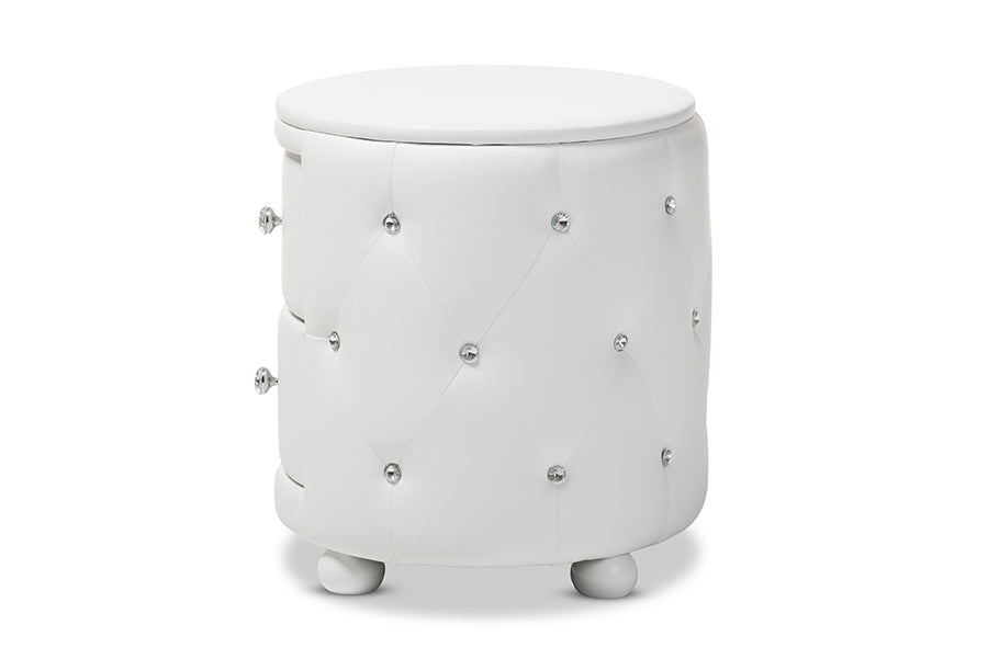 Baxton Studio Davina Hollywood Glamour Style Oval 2-drawer White Faux Leather Upholstered Nightstand
