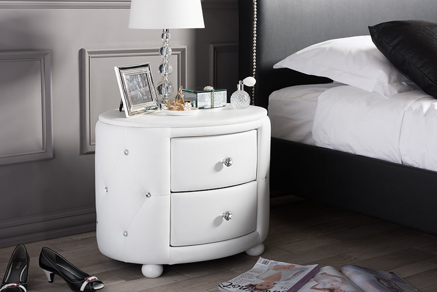 Baxton Studio Davina Hollywood Glamour Style Oval 2-drawer White Faux Leather Upholstered Nightstand
