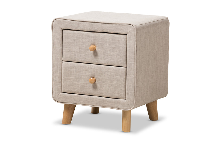 Baxton Studio Jonesy Mid-Century Beige Linen Upholstered 2-Drawer Nightstand