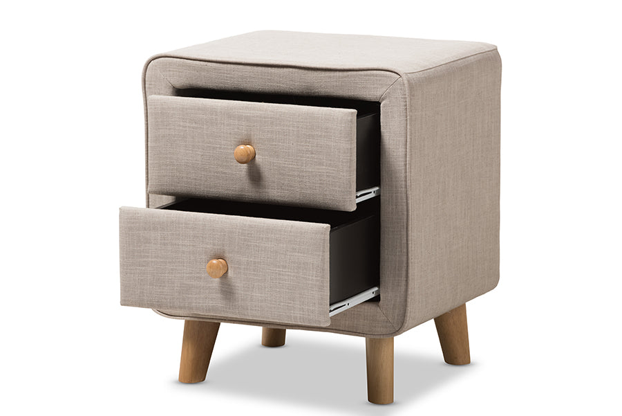 Baxton Studio Jonesy Mid-Century Beige Linen Upholstered 2-Drawer Nightstand