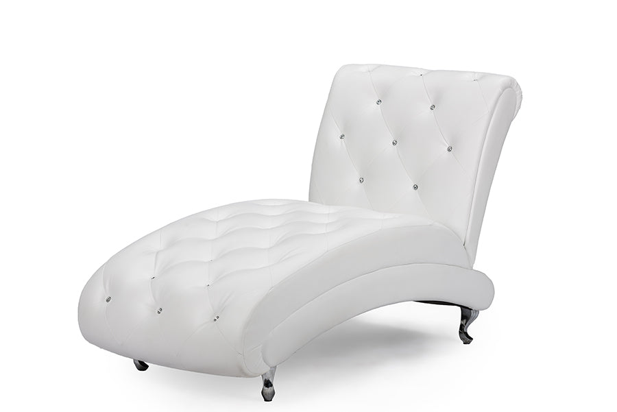 Baxton Studio Pease Contemporary White Faux Leather Upholstered Crystal Button Tufted Chaise Lounge
