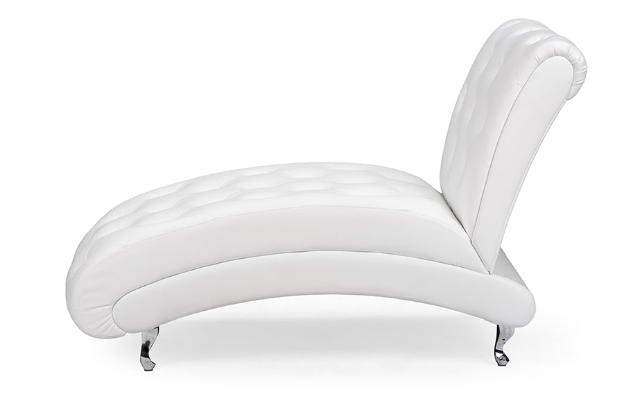 Baxton Studio Pease Contemporary White Faux Leather Upholstered Crystal Button Tufted Chaise Lounge