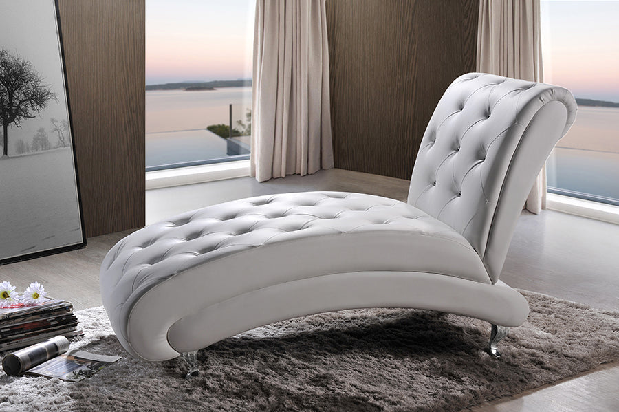 Baxton Studio Pease Contemporary White Faux Leather Upholstered Crystal Button Tufted Chaise Lounge