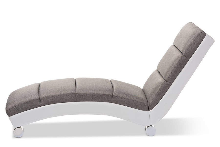 Baxton Studio Percy Modern and Contemporary Grey Fabric and White Faux Leather Upholstered Chaise Lounge