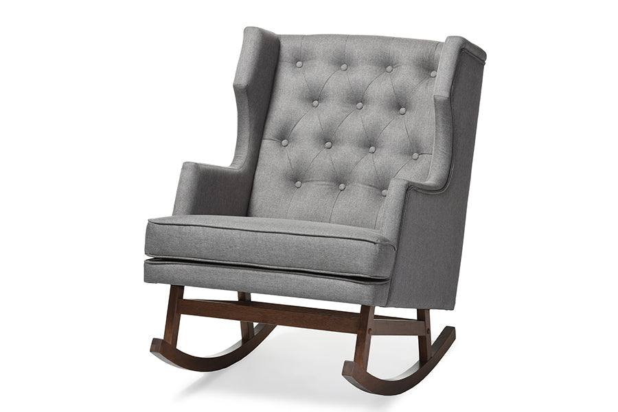 Baxton Studio Iona Mid-century Retro Modern Grey Fabric Upholstered Button-tufted Wingback Rocking Chair