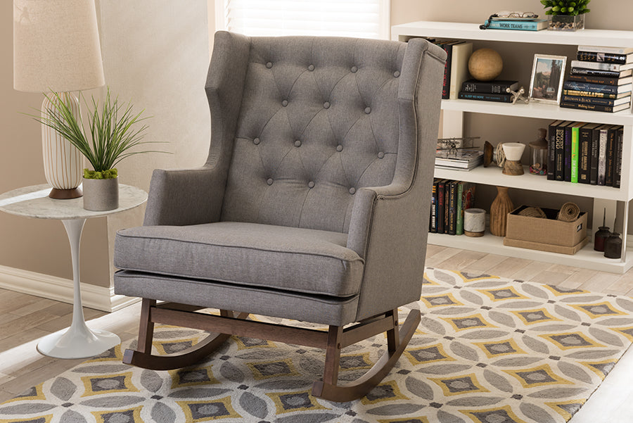 Baxton Studio Iona Mid-century Retro Modern Grey Fabric Upholstered Button-tufted Wingback Rocking Chair