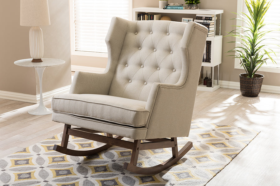 Baxton Studio Iona Mid-century Retro Modern Light Beige Fabric Upholstered Button-tufted Wingback Rocking Chair