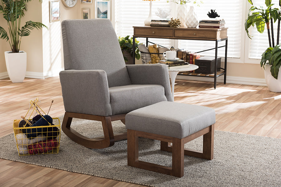 Baxton Studio Yashiya Mid-century Retro Modern Grey Fabric Upholstered Rocking Chair and Ottoman Set