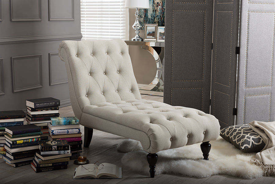 Baxton Studio Layla Mid-century Modern Light Beige Fabric Upholstered Button-tufted Chaise Lounge