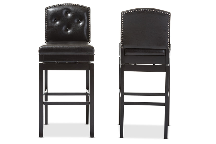 Baxton Studio Ginaro Modern and Contemporary Dark Brown Faux Leather Button-tufted Upholstered Swivel Bar Stool (Set of 2)